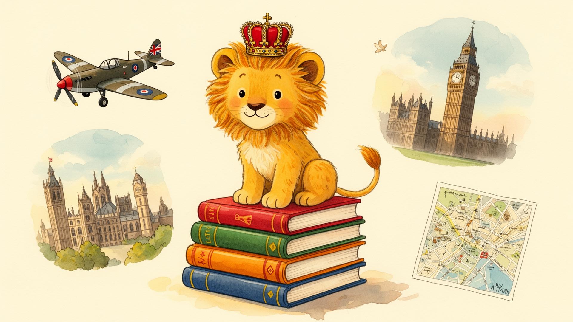 A friendly lion cub sitting atop a stack of storybooks with British landmarks in the background